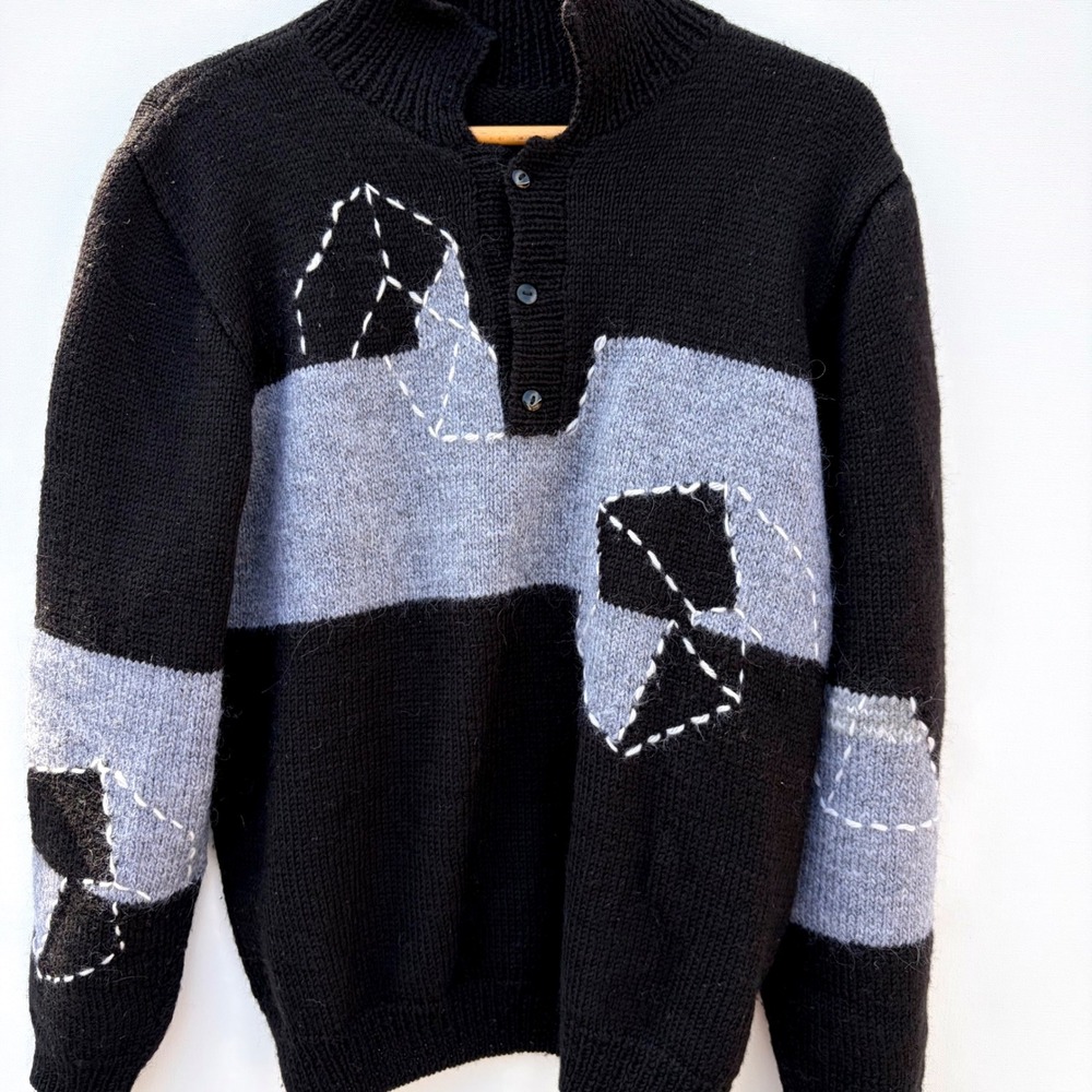 Sweater S Black Grey Polo Collar Abstract Patchwork Geometric Design Chunky Knit - Picture 4 of 6
